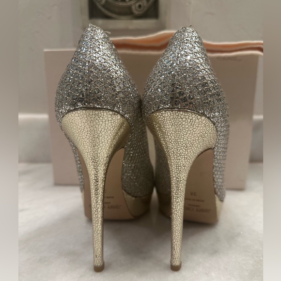 Jimmy Choo Crown Champagne Glitter Sparkle Peep Toe Heels - Picture 6 of 9